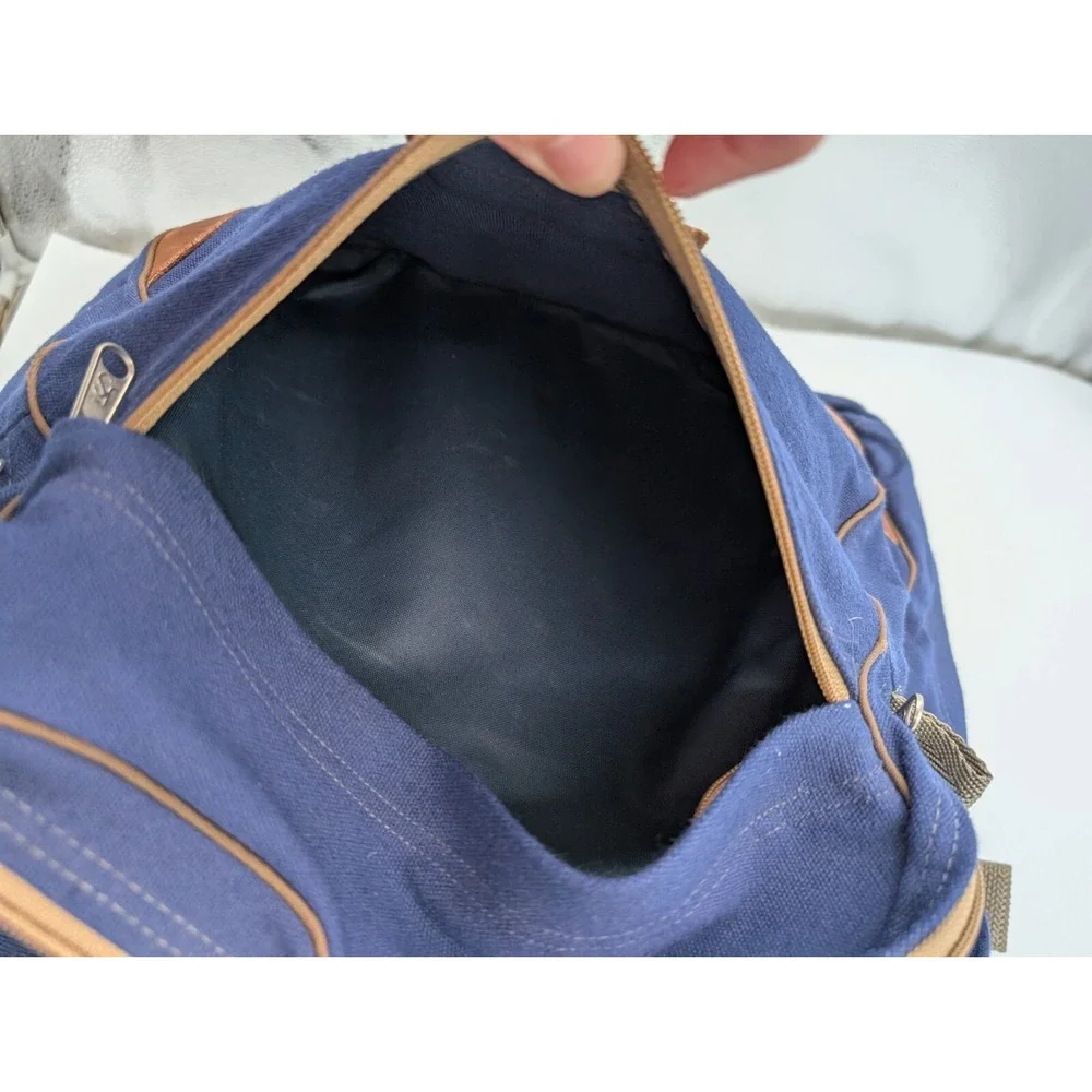 Jansport Messenger Laptop Bag Shoulder Strap Blue Canvas Leather Made In USA VTG